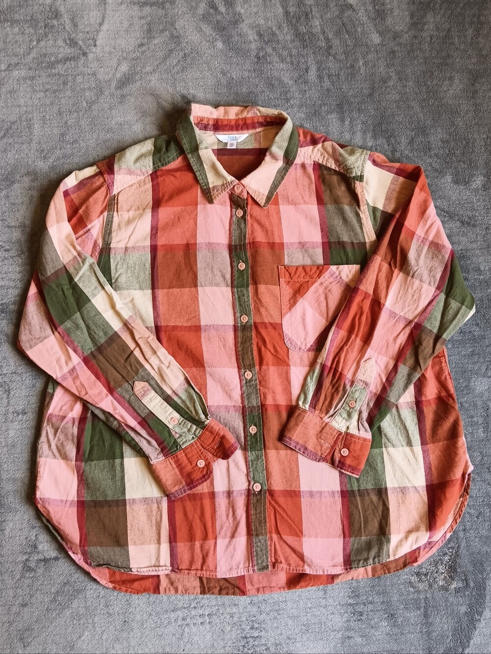 XXL Womens Pink & Rust Plaid Button-Up Shirt By Time & Tru, Plus Size Fall Top